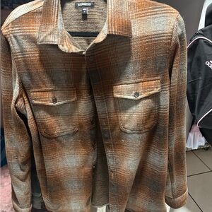 Express Men's Tan and Gray Plaid Shirt Jacket